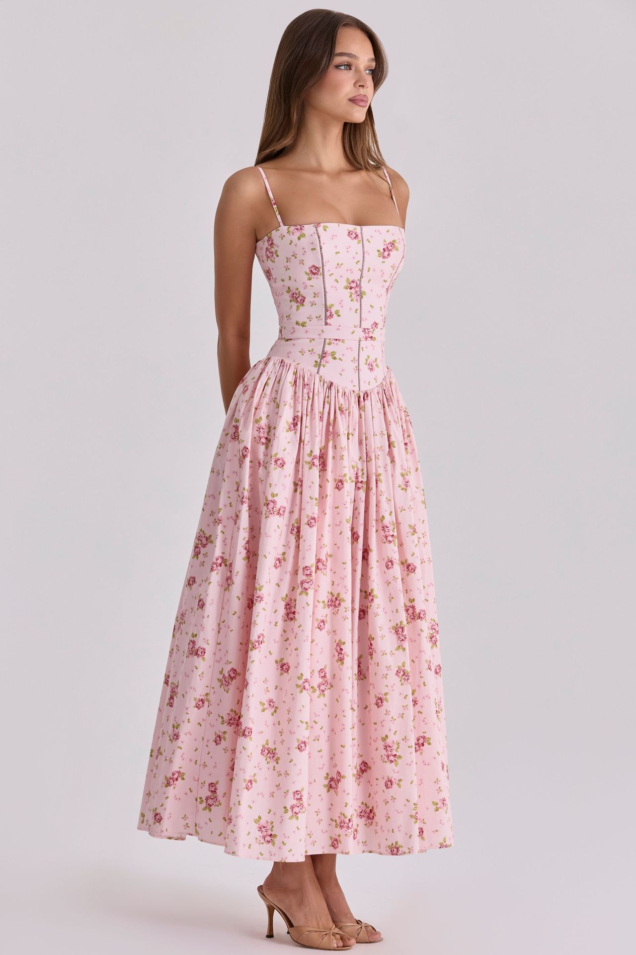 Elegant Floral Print A Line Maxi Dress Slim Fit Sleeveless Soft Fabric Perfect for Summer Events Wholesale Available