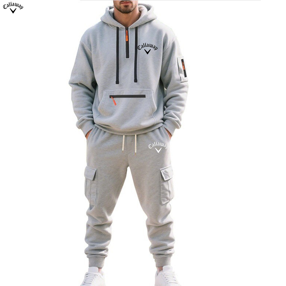 2025跨境男装亚马逊冬季加绒男士休闲套装宽松运动多口袋工装套装