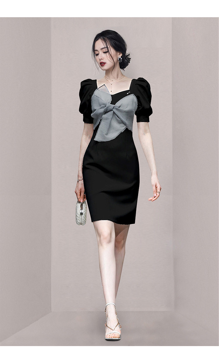Đầm suông nữ midi tay ngắn cổ vuông chất polyester — Trắng, Đen chi tiết 4