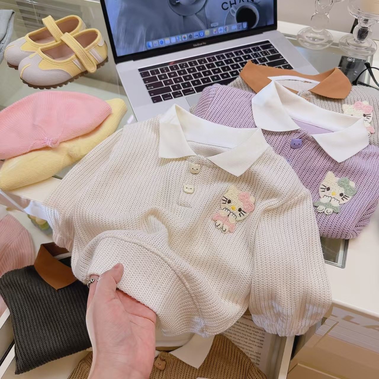 Spring & Autumn Boys & Girls Knitted Embroidered V-Neck Hoodie, Viral Trendy Korean Style Long-Sleeve Top