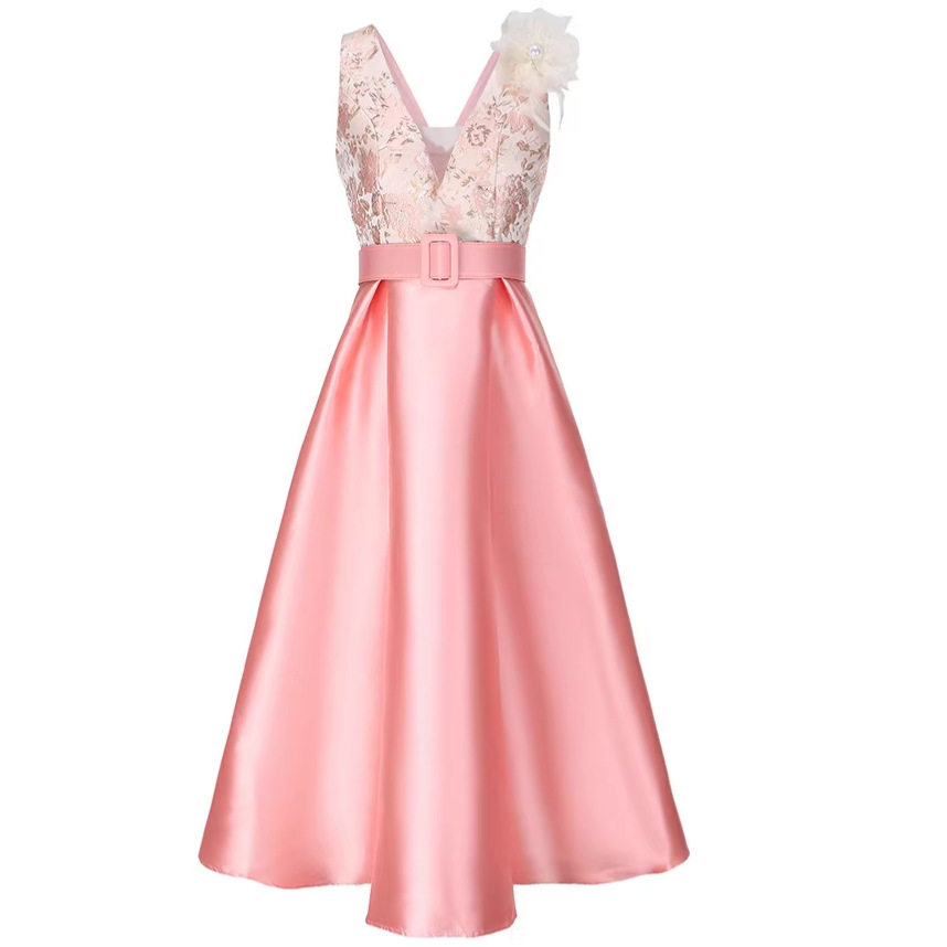 Pink Satin A Line Sleeveless Dress High Waist Flattering Fit Flared Skirt Elegant Spring Occasion Wear Wholesale