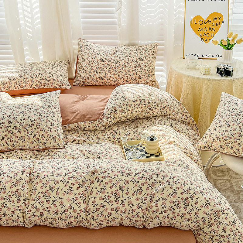 Category a Maternal and Infant Grade Double-Layer Yarn Cotton and Linen Washed Cotton Four-Piece Set French Small Floral Quilt Cover Three-Piece Bed Bed Sheets Set