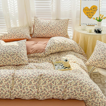 Category a Maternal and Infant Grade Double-Layer Yarn Cotton and Linen Washed Cotton Four-Piece Set French Small Floral Quilt Cover Three-Piece Bed Bed Sheets Set