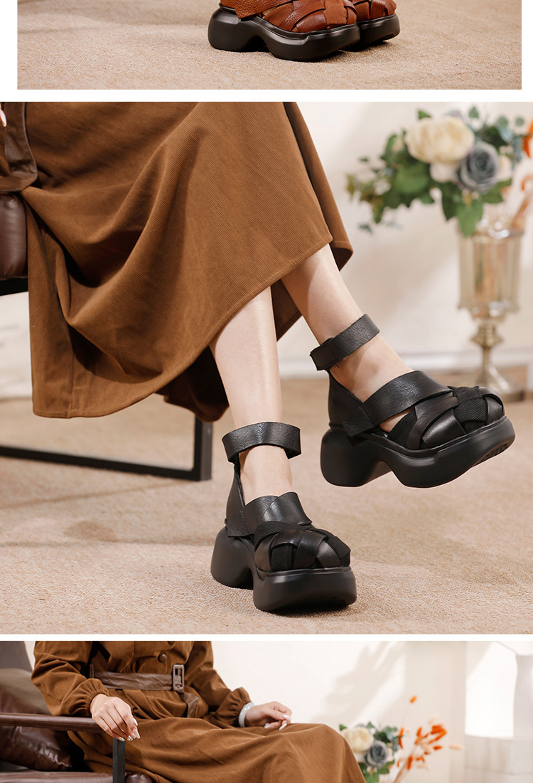 Sandal nữ đế dày thủ công da bò bện dây — màu đen, Màu nâu