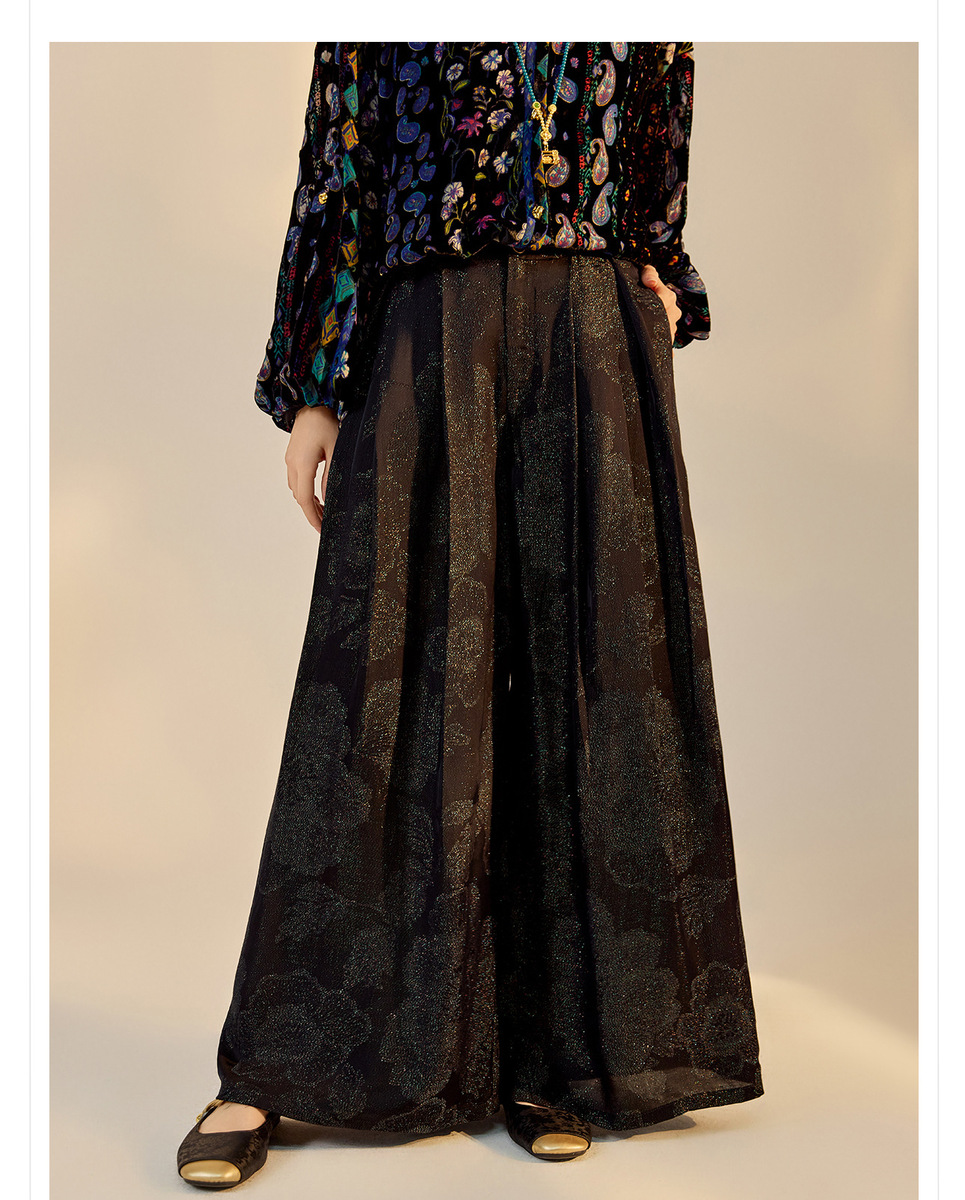 Quần dài ống rộng nữ họa tiết jacquard lụa tơ nhân tạo — Màu trắng nhạt, màu vàng