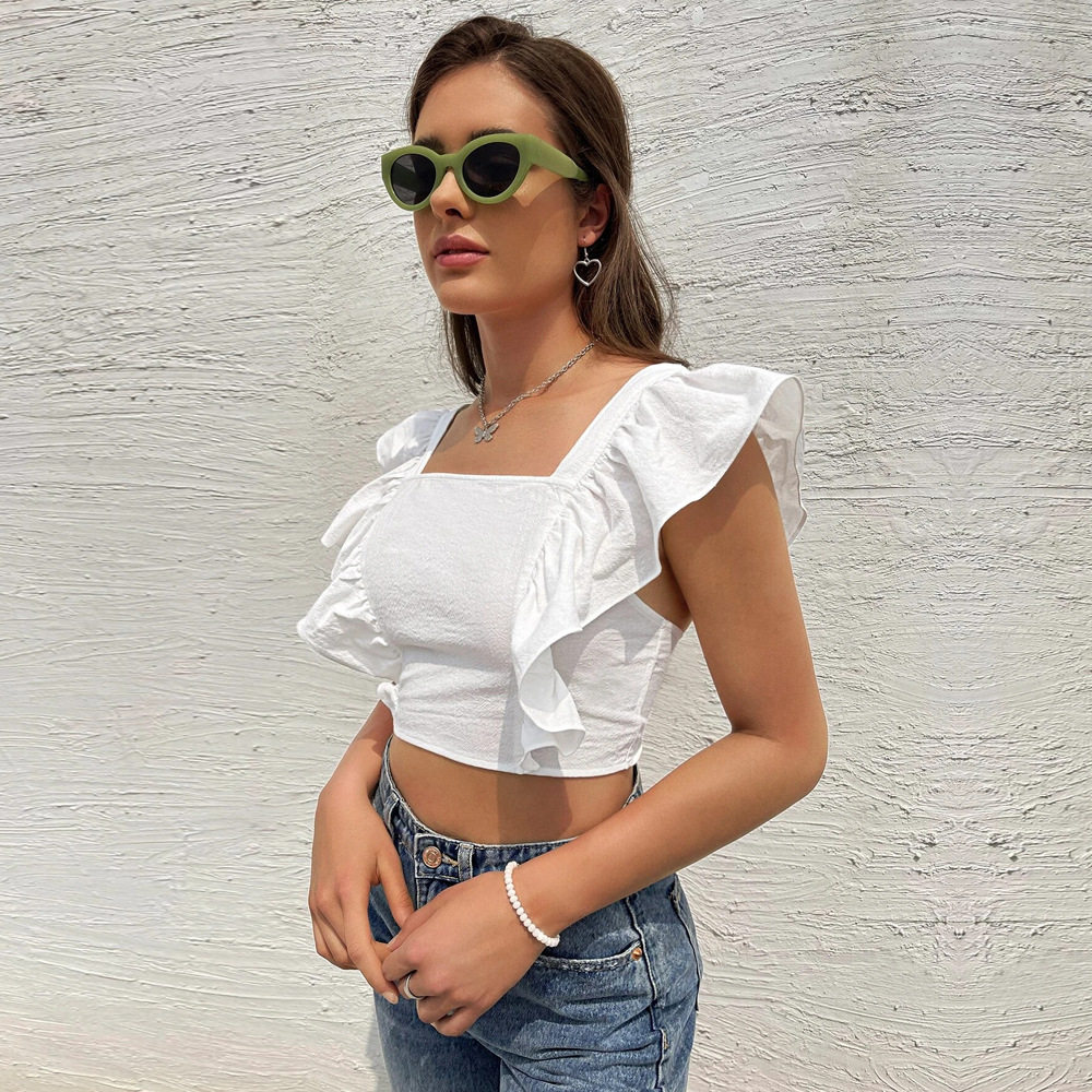 Womens Ruffled Sleeve Backless T Shirt Sweet and Fresh Design Square Neck Sleeveless Casual Wear Wholesale