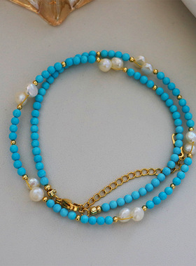 那边夏天。绿松石色天然淡水珍珠串珠项链夏女百搭轻奢精致锁骨链