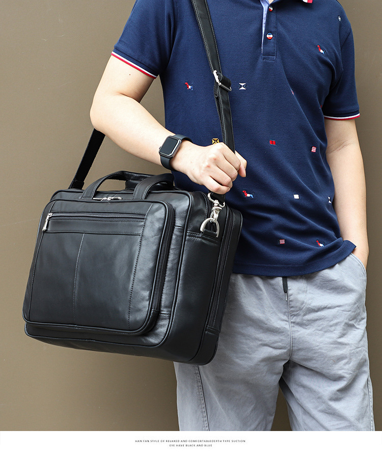 Cặp da thật nam công sở đựng laptop 17 inch dáng briefcase cổ điển — Da sáp dầu màu cà phê, Da Napa màu đen, Da ngựa điên Màu nâu sẫm (YKK), Napa đen (YKK)