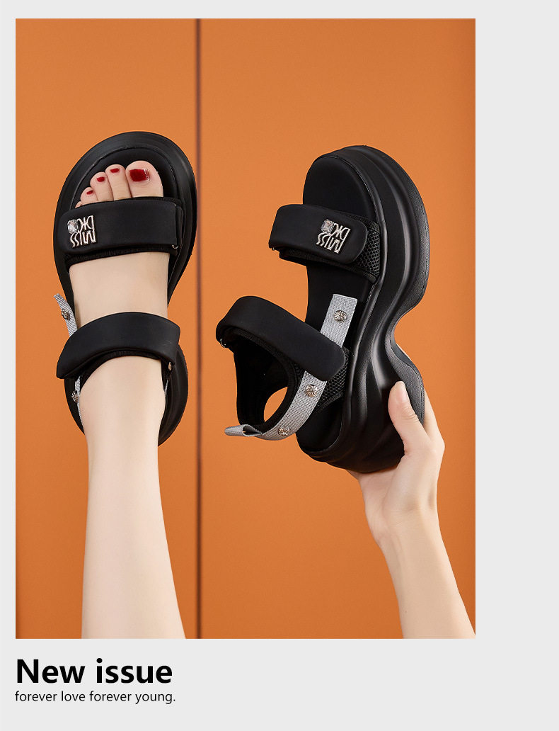Dép sandal xỏ ngón đế bệt thể thao chống trượt đi biển — Len tinh khiết, Đen chi tiết 12