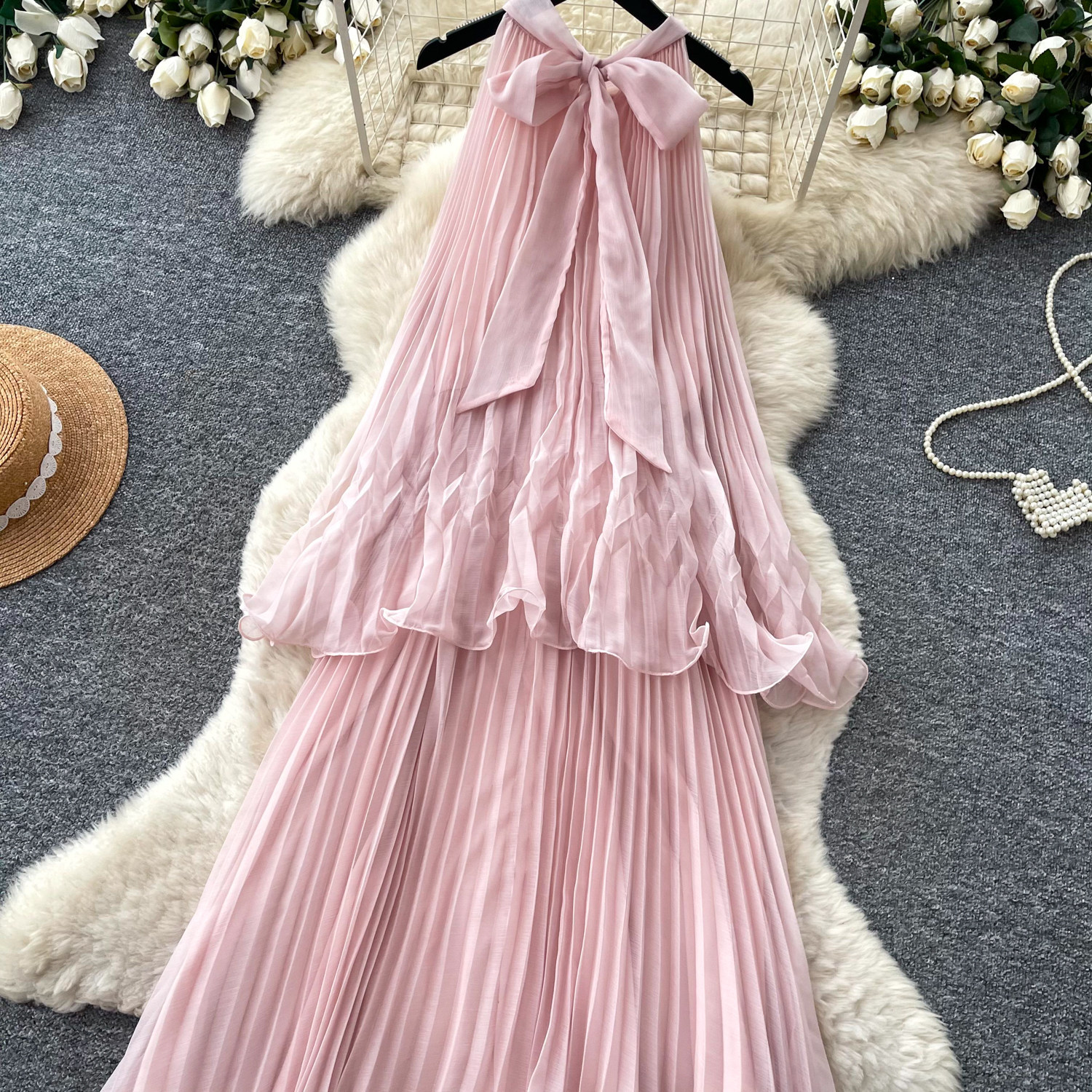French Style Sleeveless Sweetheart Pleated Maxi Dress High Waist Flowy Elegant Summer Vacation Wear Wholesale