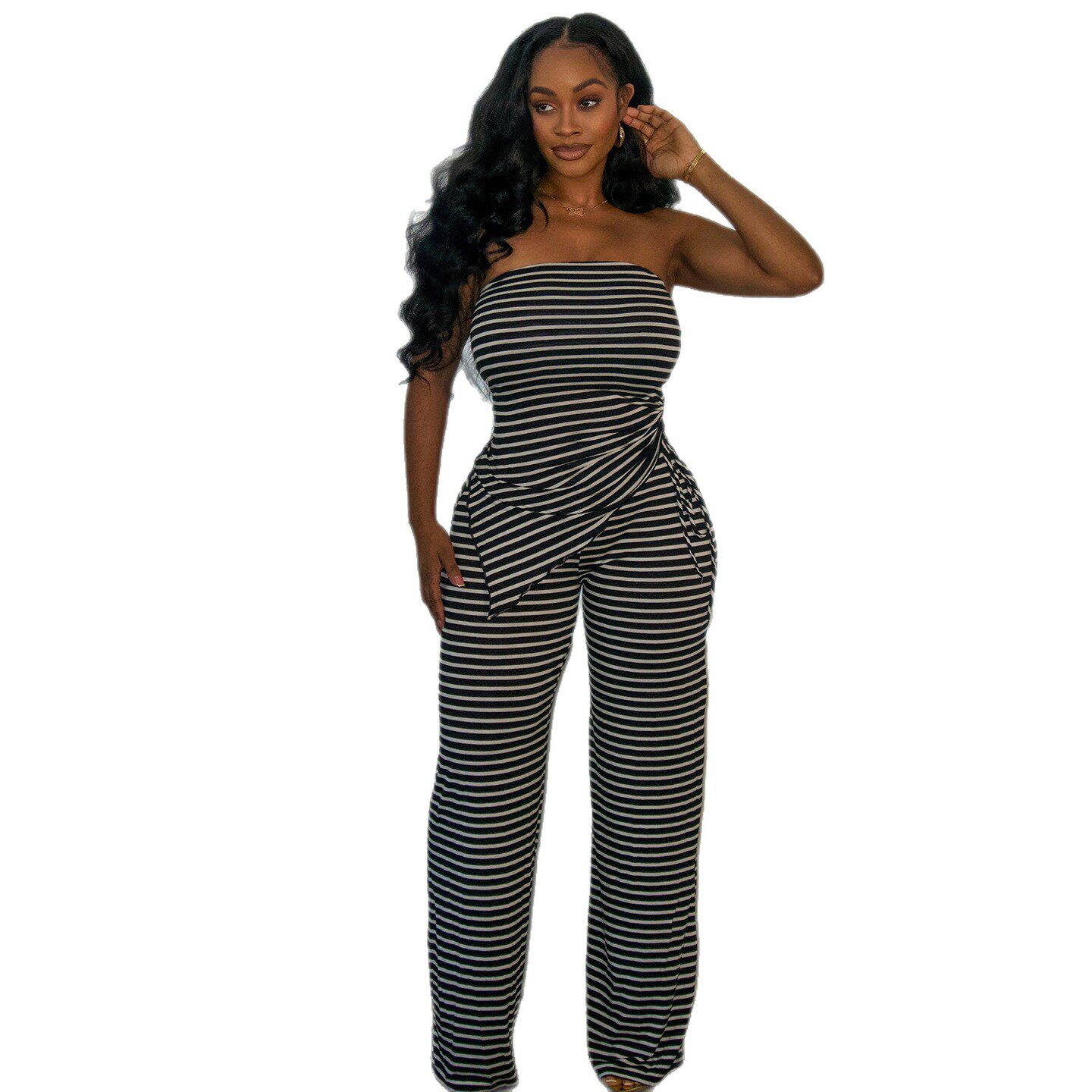 Summer Womens Fashion Vintage Striped Strapless Top and Casual Comfortable Long Pants Set Trendy Style for Everyday Wear