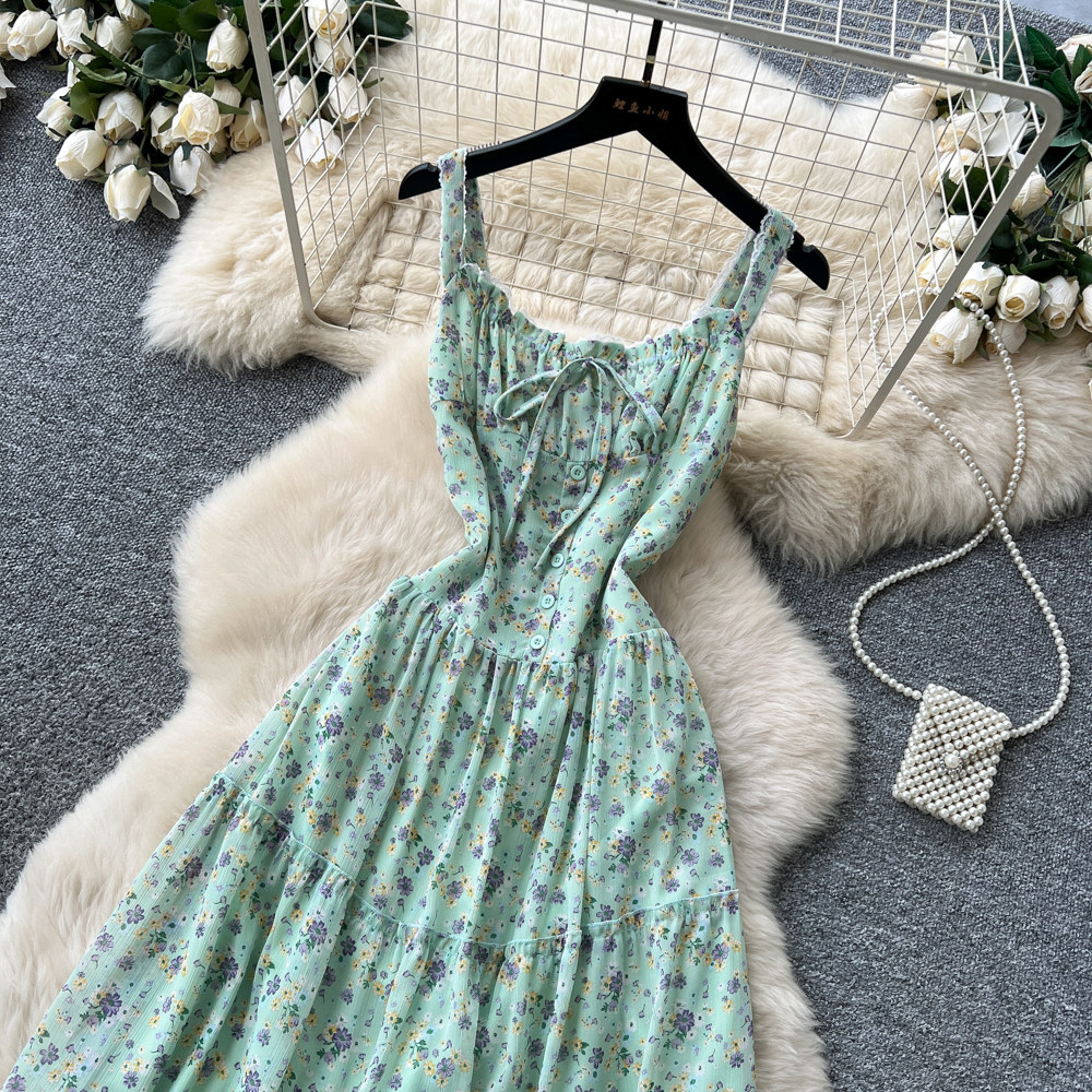 Floral Print Maxi Dress Sweet French Style Mint Green Lace Trim Waist Defining Summer Vacation Wear Wholesale