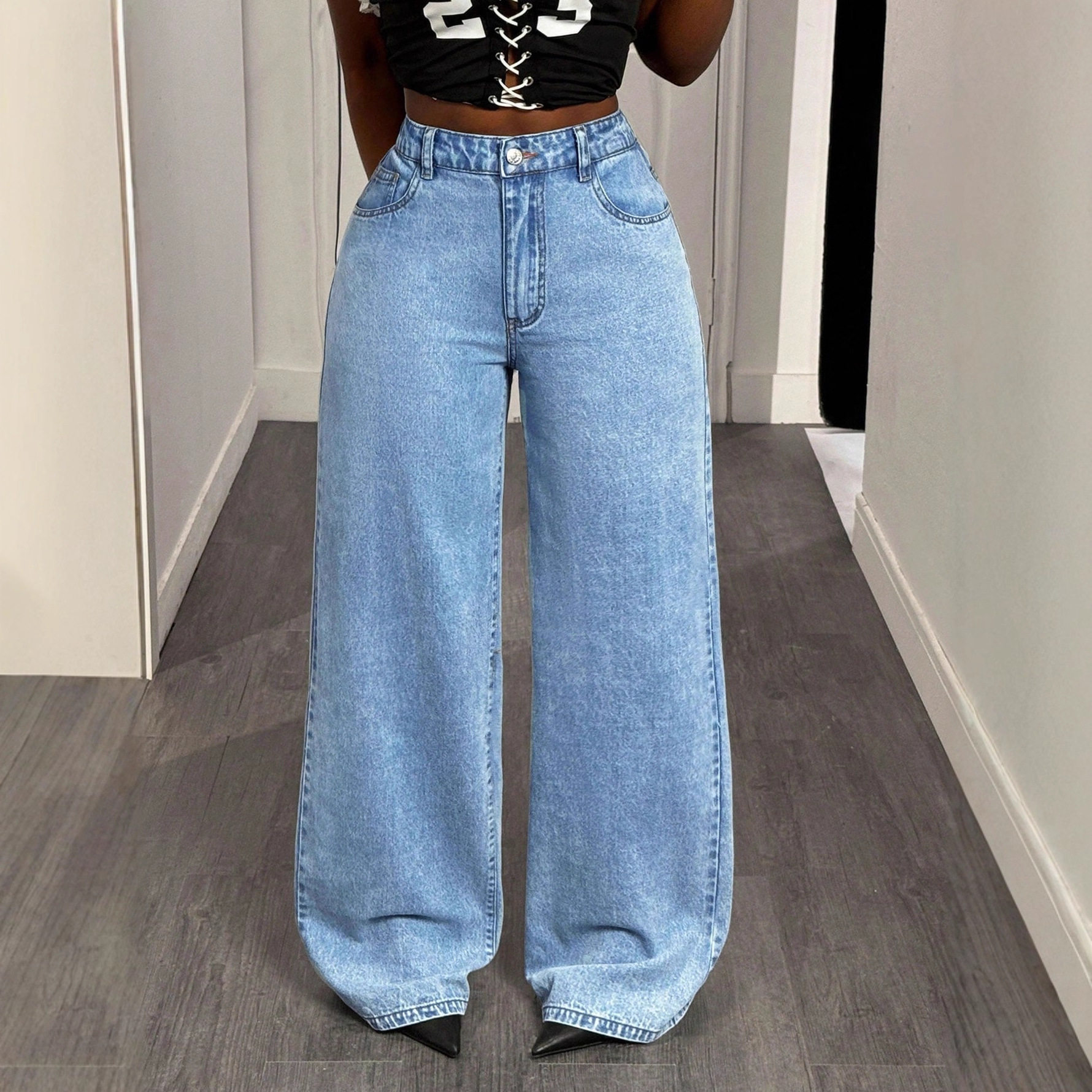 Wide Leg High Waisted Denim Trousers Vintage Style Loose Fit Versatile Design Casual Wear for Women Wholesale