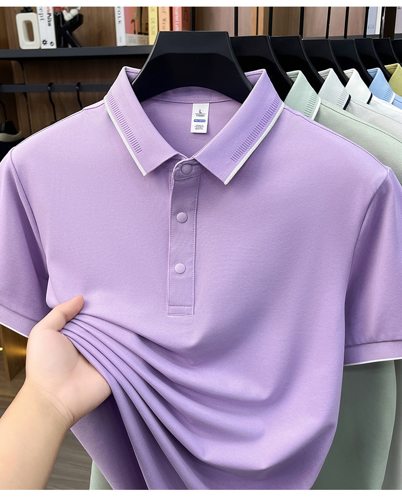 Áo polo nam Leishibert pha cotton lụa tơ tằm, tay ngắn co giãn thoáng mát mùa hè — Xanh biển, Xanh đậu nhạt, Vàng mạch nha, Đen bóng tối