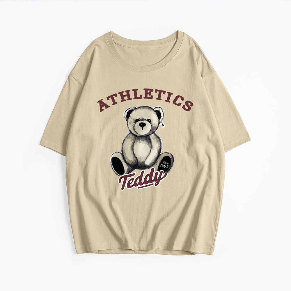 Womens Summer Loose Fit T Shirt Cute Bear Print Round Neck Short Sleeve 100 Cotton Casual Wear Wholesale