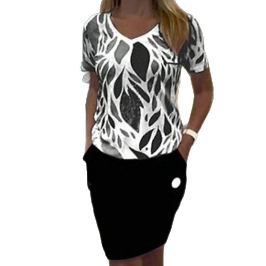 Womens Two Piece Set Printed Short Sleeve Top Round Neck Pocket Design Stylish Mini Skirt Autumn Fashion