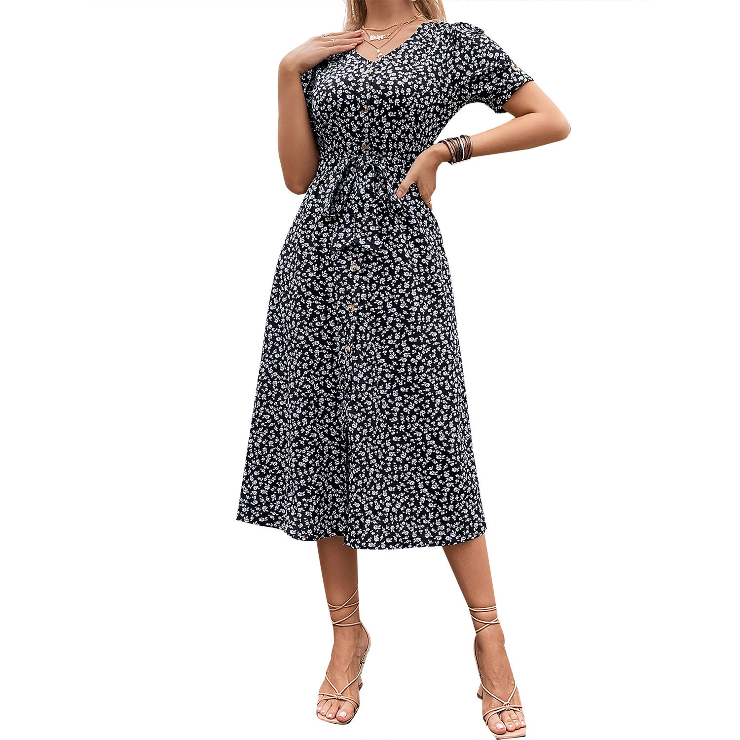 Floral Knot Dress Elegant Casual Style Suitable for Commuting and Vacations Available for Wholesale