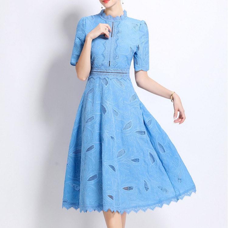 Elegant Short Sleeve Lace Dress for Women French Style Hollow Out Waist Defined High End Fashion Perfect for Formal