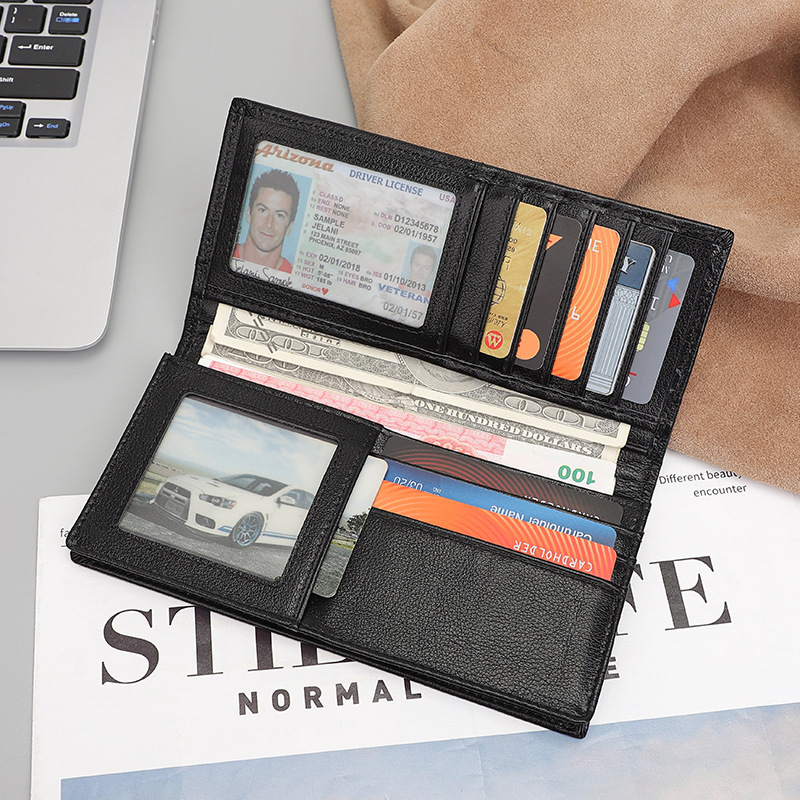 Ví nam da thật dài nhiều khe thẻ chống trộm RFID — Màu đen