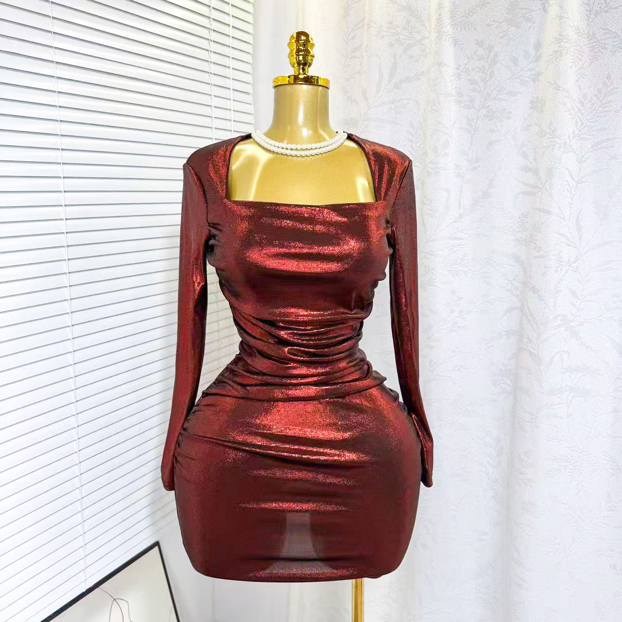 Long Sleeve Bodycon Mini Dress Stretchy Shiny Fabric Slim Fit Autumn Party Wear Wholesale Available