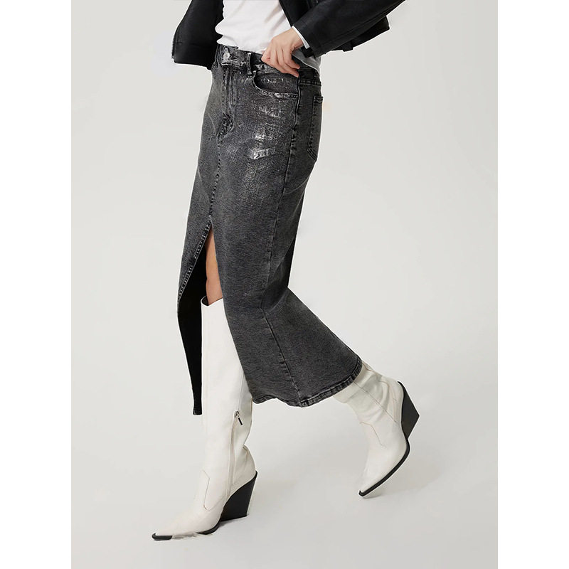 Vintage Silver Wash Denim Skirt Womens Retro Style Casual Fit High Waist Perfect for Spring Summer Ready to Ship