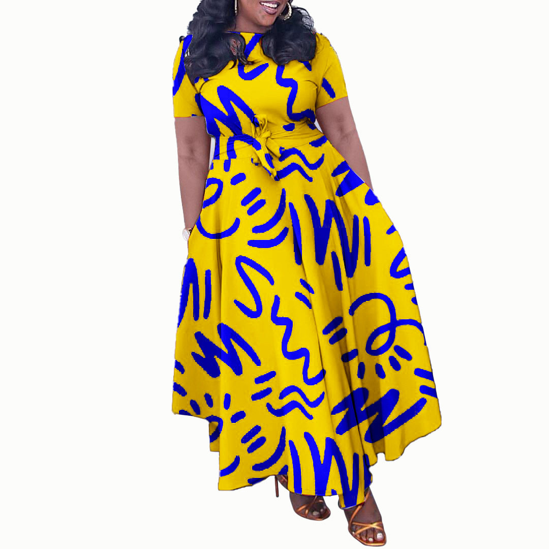 African Print Short Sleeve A Line Dress Stylish Elegant Tie Detail Perfect for Summer Events Wholesale Available