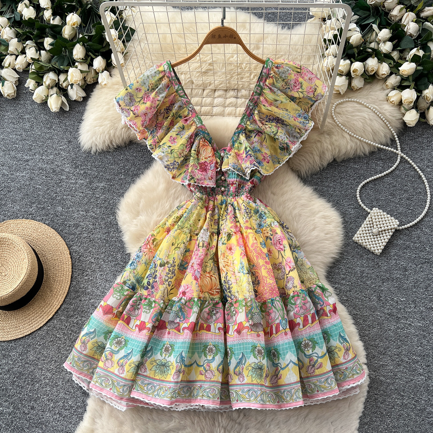 Floral Print A Line Dress V Neck Ruffled Sleeves Slim Fit Summer Vacation Style Wholesale Available