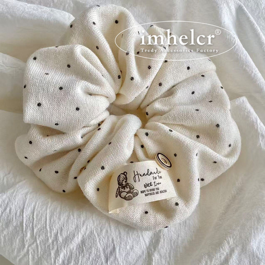 Korean-Style Soft Polka Dot Knit Fabric Label Bear Scrunchie Ins Autumn and Winter New Bun Low Ponytail Hair Tie