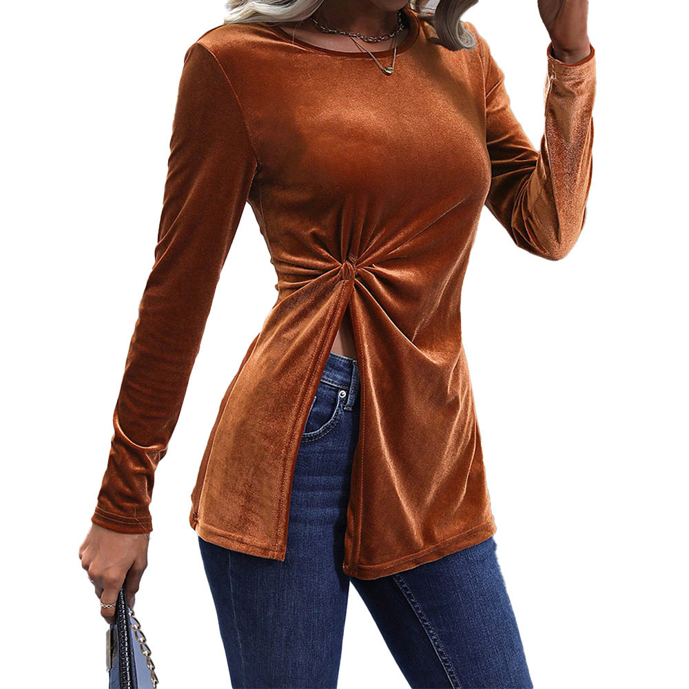 Long Sleeve Velvet T Shirt Irregular Split Hem Elegant Sexy Autumn Winter Womens Fashion Wholesale Available
