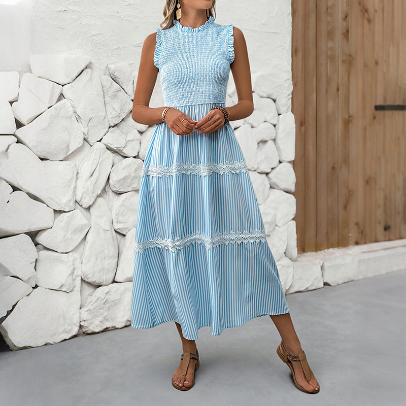 Summer Sleeveless Dress Sweet Lace Trim Striped Pattern Casual Style Perfect for Warm Weather Occasions Wholesale