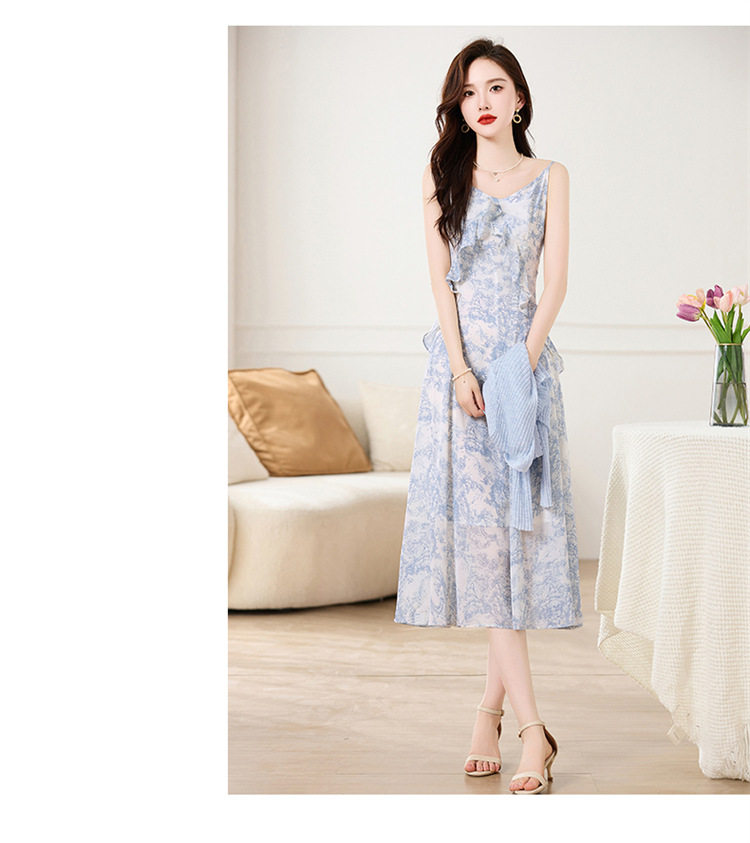 Set Áo Khoác Cardigan Dệt Kim Và Đầm Hai Dây Xòe Họa Tiết Hoa Phong Cách Thanh Lịch Màu Hồng, Xanh chi tiết 22