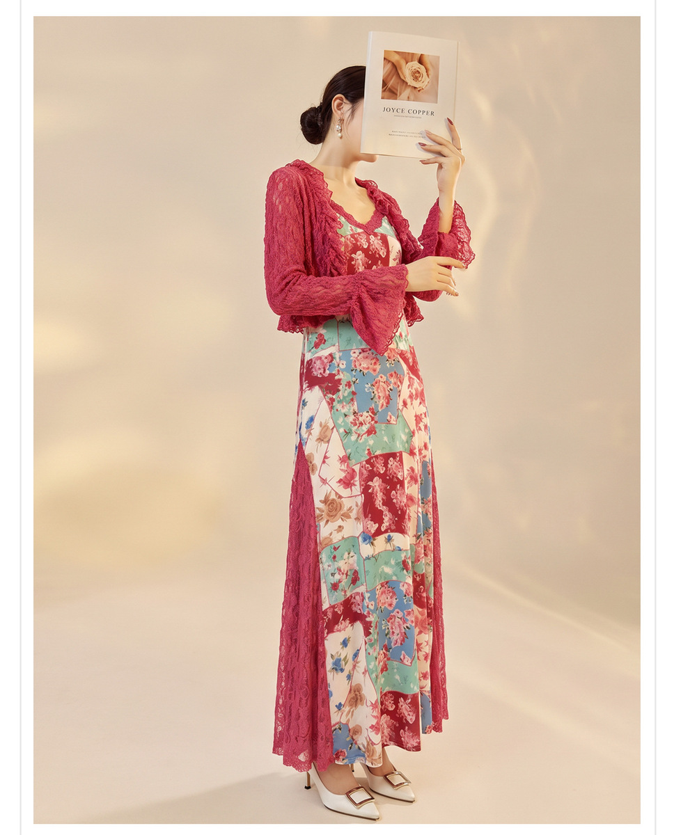 Set áo cardigan ren phối váy hai dây đuôi cá họa tiết hoa — Áo, Váy hai dây, Bộ