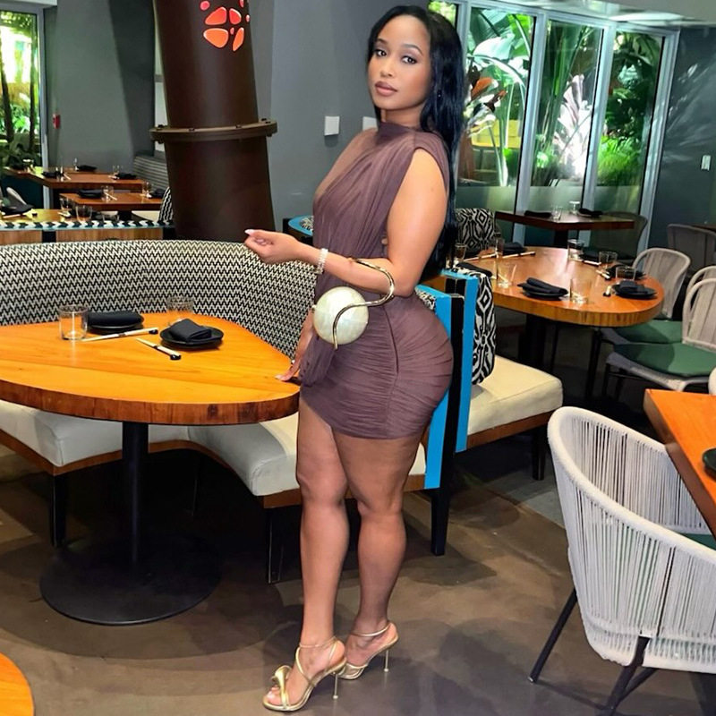 Solid Color Ruched Bodycon Mini Dress Sleeveless Round Neck Asymmetrical Hem Trendy Streetwear for Casual Outings