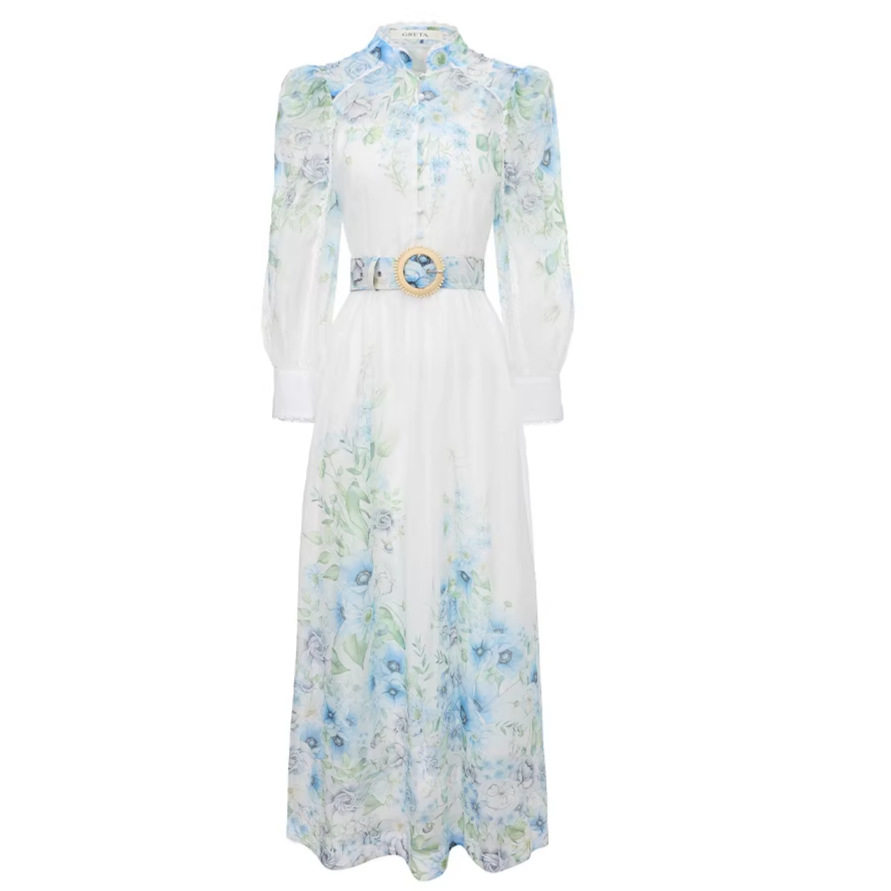French Vacation Style Sweet Lace Trim Long Sleeve Dress for Women Tie Waist Elegant Flared Skirt Spring and Autumn Wear