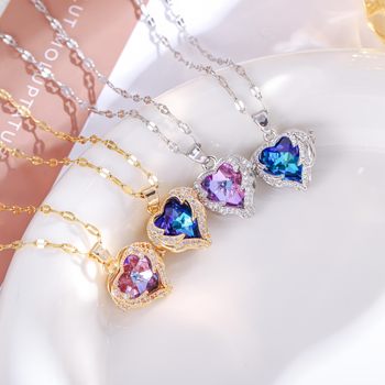 [Titanium Steel] Spring New Ocean Heart Necklace Women Light Luxury Blue Crystal Necklace Love Clavicle Chain Wholesale