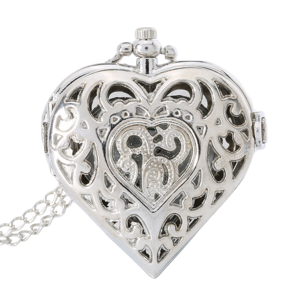 Cross-border hot sale retro hollow heart-shaped silver pocket watch creative flip quartz hanging chain Love pocket watch factory direct sales