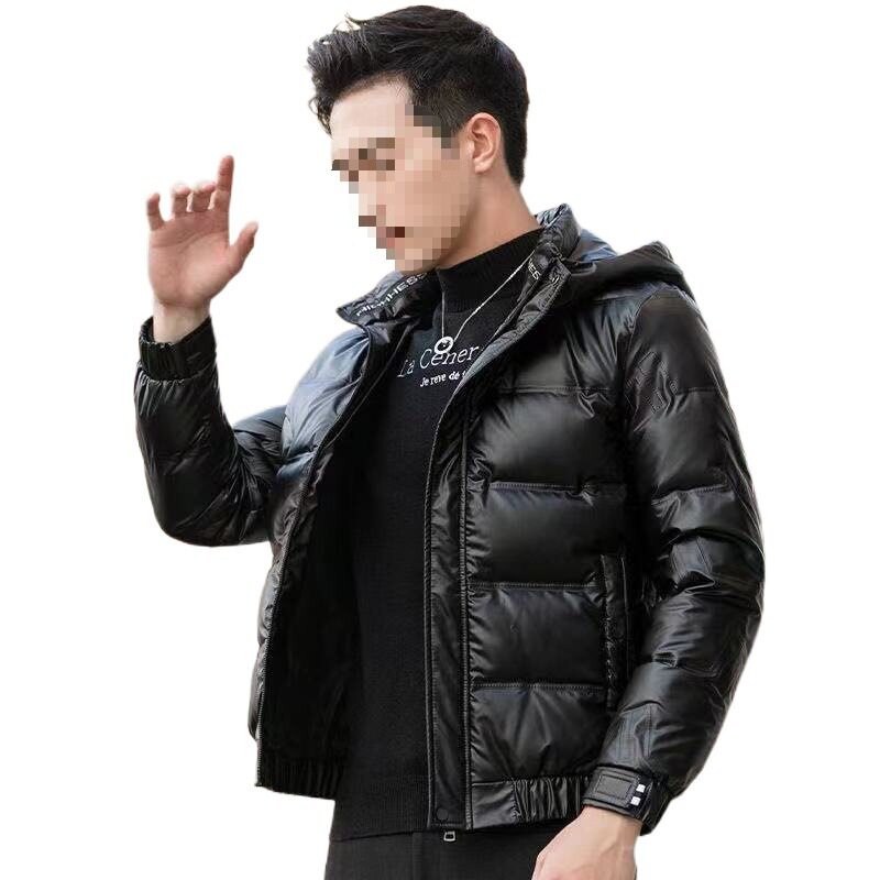 Cross-Border Winter Men's New Trendy Men's Glossy down Jacket Stand Collar Hooded Removable White Duck down Light and Short Jacket