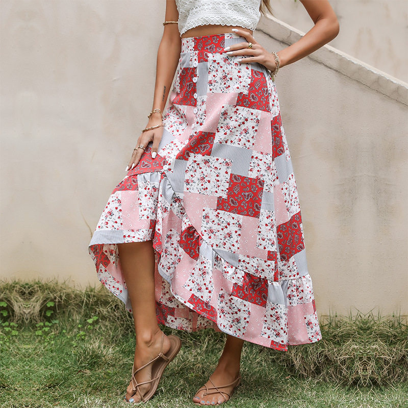 Floral Print Maxi Skirt Loose Fit Asymmetrical Design Comfortable Fabric Casual Wear Summer Style Wholesale