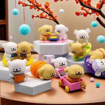 Trendy Line Art Puppy Blind Box Joyful Series Figurine Cute Fun Doll Car Decoration Ornament