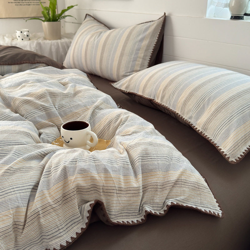 Pure Cotton Washed Cotton Bed Four-Piece Set Simple Stripesd Bedding Pure Cotton 100 Quilt Cover Bed Sheets Three-Piece Bedding Set