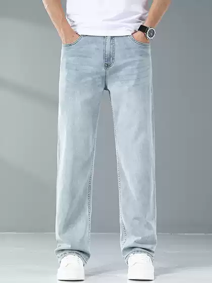 2026 New High-End Summer Thin Light Washed Wide-Leg Jeans for Men Loose Fit Stretch Casual Pants