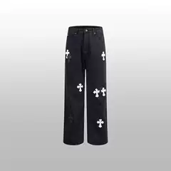 Early Spring New Chrome Heart Crow Cross Embroidered Sanskrit Letters Washed Men's and Women's Straight Jeans