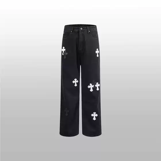 Early Spring New Chrome Heart Crow Cross Embroidered Sanskrit Letters Washed Men's and Women's Straight Jeans