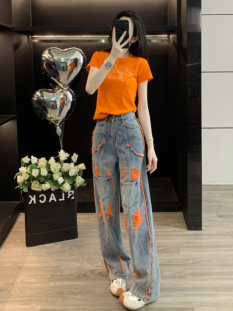 Street-Style Short-Sleeved T-Shirt Fashion Suit for Women Summer New Slim-Fitting Short Fashionable Jeans Orange Edge Two-Piece Set