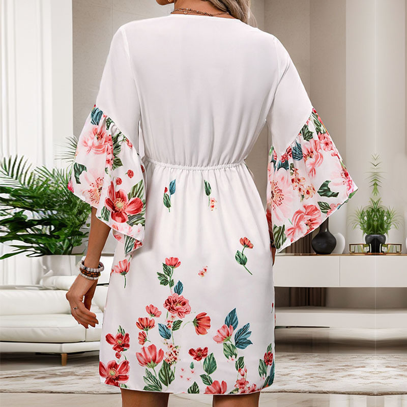 Floral Print V Neck Midi Dress 3 4 Sleeve Beach Vacation Style Wholesale Available fast shipping