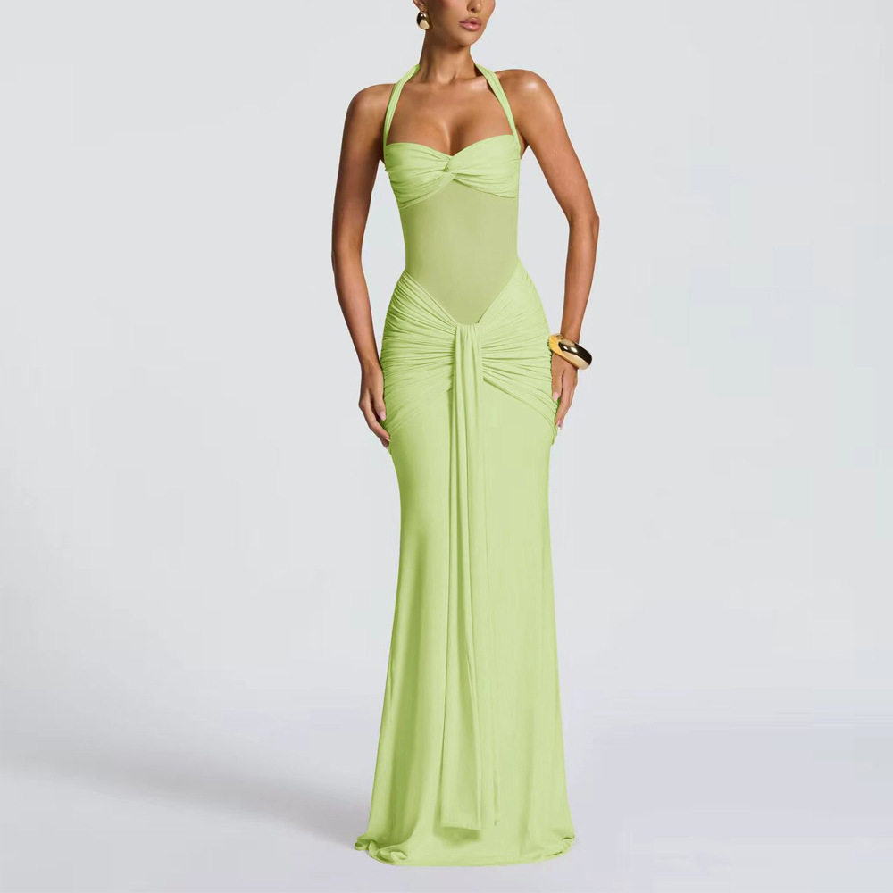 Sleeveless Bodycon Dress Solid Color Halter Neck Backless Sexy Fit Evening Wear Cocktail Party OEM Available