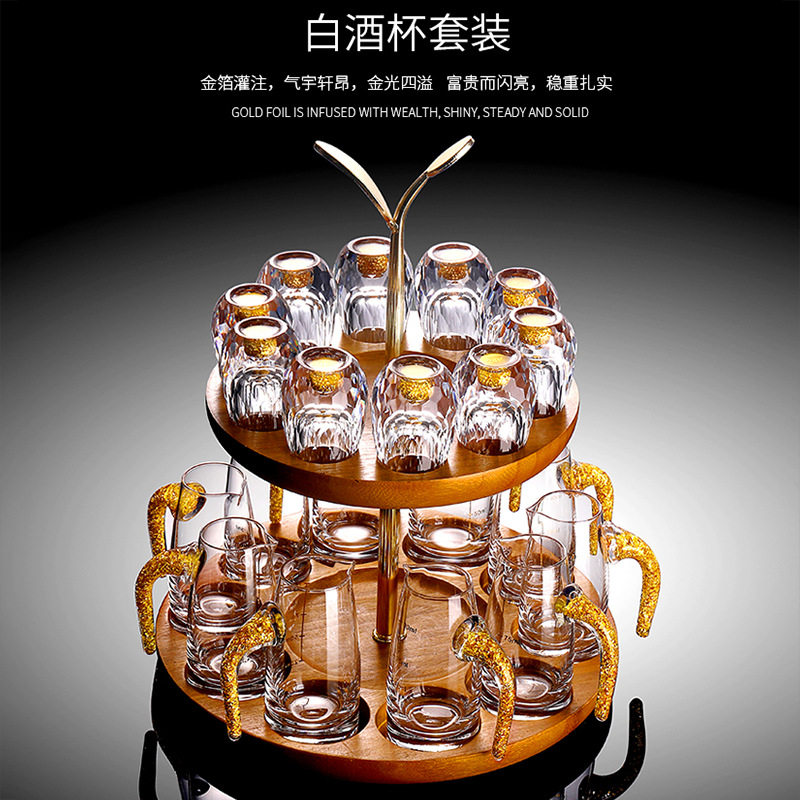 High-grade Liquor Glass Set Home Lead-free Crystal Gold Foil Wine Dispenser Diamond Gold Foil One-piece Glass Spirits Glass Gift Box