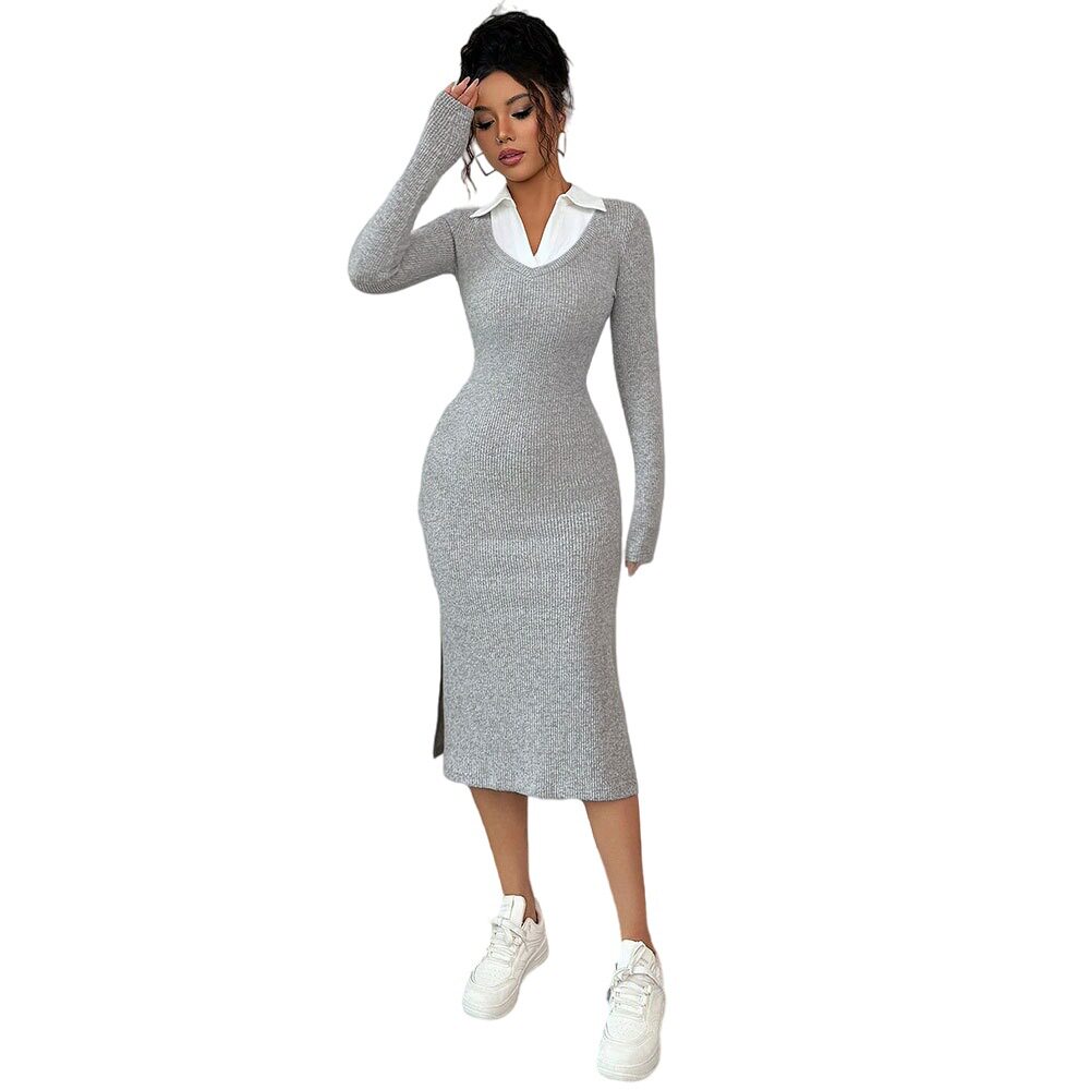 Korean Style Casual Long Sleeve Shirt Dress Color Block Design Slim Fit Lightweight Fabric Spring Summer Wear