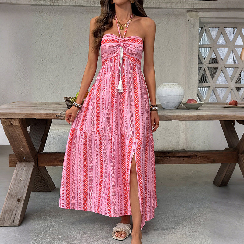 Bohemian Geometric Print Maxi Dress Halter Neck Side Slit Vacation Style Wholesale Available
