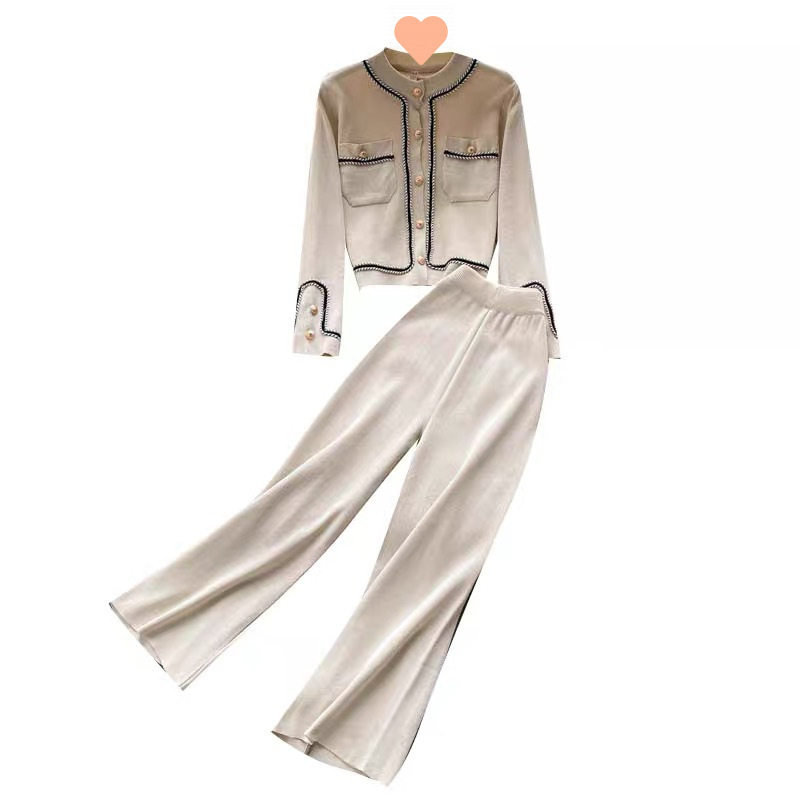 Light and Sophisticated Style Knitted Suit for Women in Autum New Design Single-Breasted Cardigan High-Waist Slimming Wide-Leg Pants Two-Piece Set